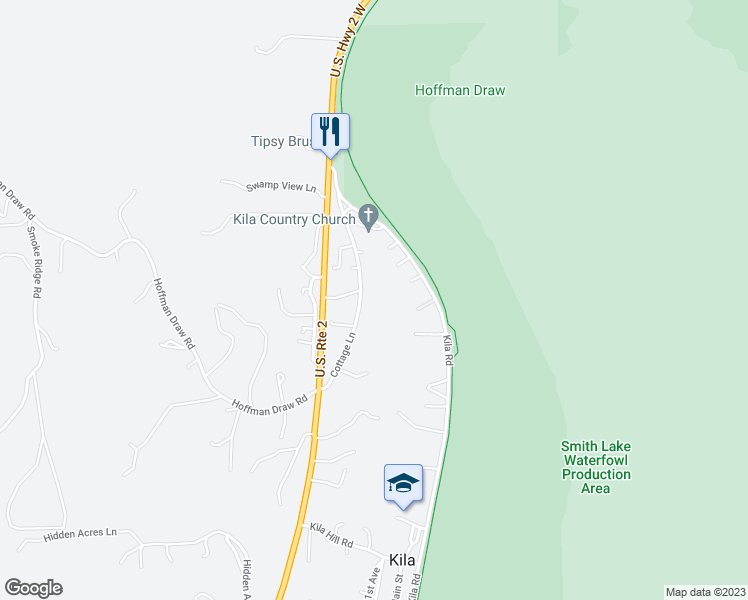 map of restaurants, bars, coffee shops, grocery stores, and more near 196 Cottage Lane in Kila