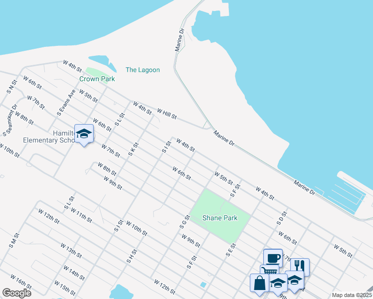 map of restaurants, bars, coffee shops, grocery stores, and more near 1515 West 5th Street in Port Angeles