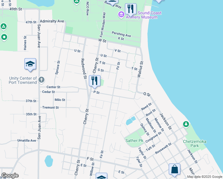 map of restaurants, bars, coffee shops, grocery stores, and more near 1635 Fir Street in Port Townsend
