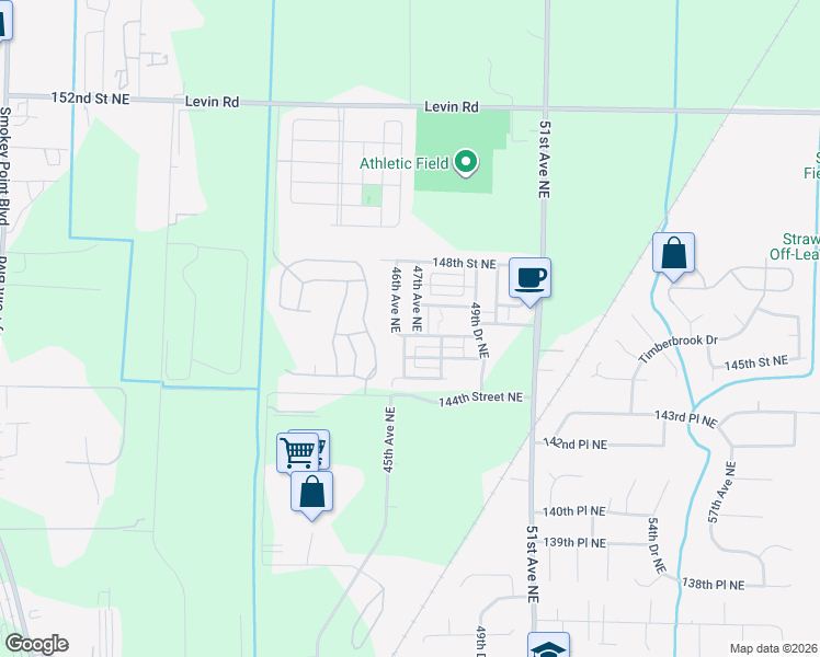 map of restaurants, bars, coffee shops, grocery stores, and more near 14558 47th Avenue Northeast in Marysville