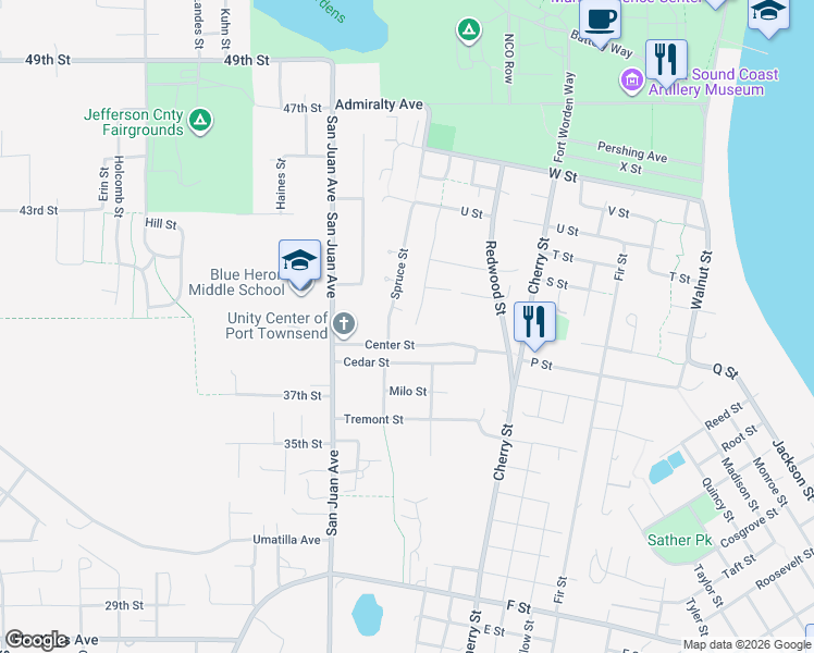 map of restaurants, bars, coffee shops, grocery stores, and more near 1702 Spruce Street in Port Townsend