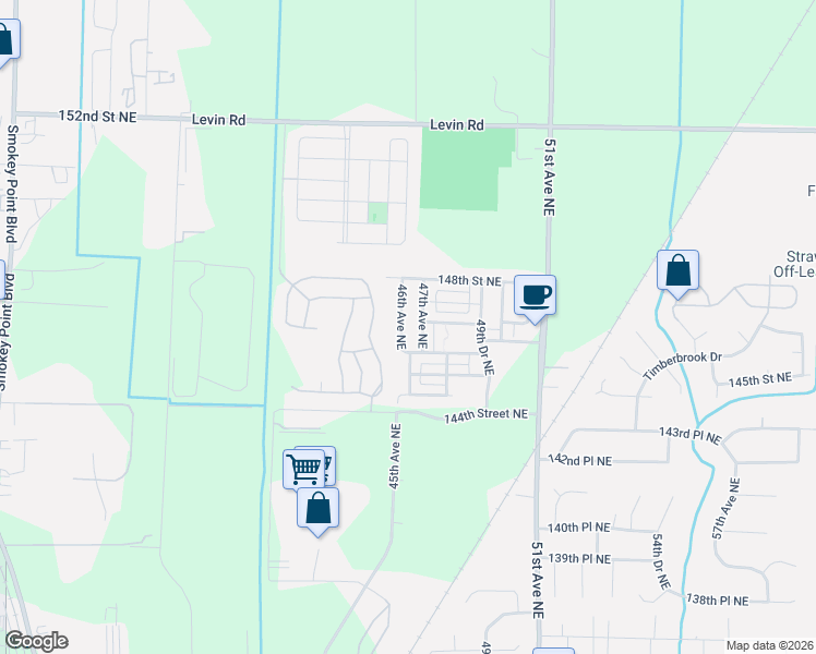 map of restaurants, bars, coffee shops, grocery stores, and more near 14613 46th Avenue Northeast in Marysville