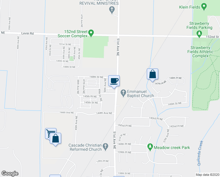 map of restaurants, bars, coffee shops, grocery stores, and more near 14703 50th Drive Northeast in Marysville