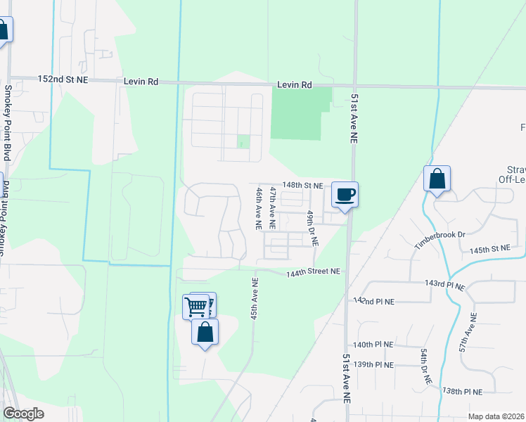 map of restaurants, bars, coffee shops, grocery stores, and more near 14621 46th Avenue Northeast in Marysville