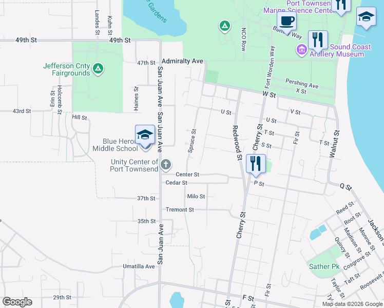 map of restaurants, bars, coffee shops, grocery stores, and more near 1702 Spruce Street in Port Townsend