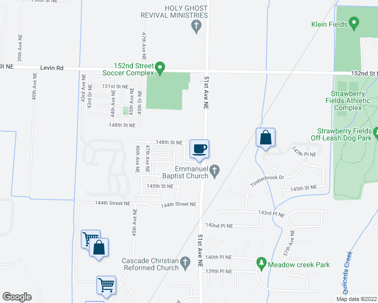 map of restaurants, bars, coffee shops, grocery stores, and more near 14703 50th Drive Northeast in Marysville
