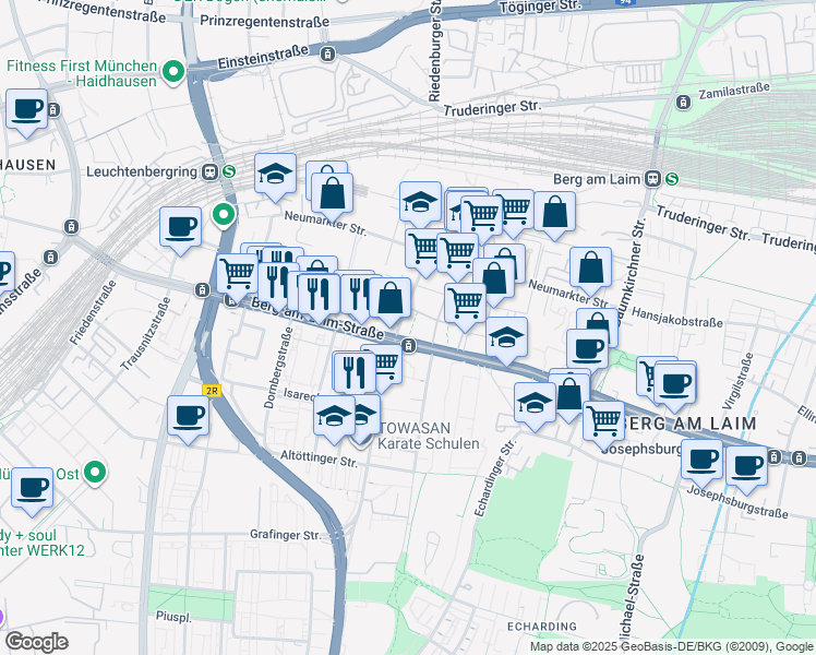 map of restaurants, bars, coffee shops, grocery stores, and more near 28 Weihenstephaner Straße in München