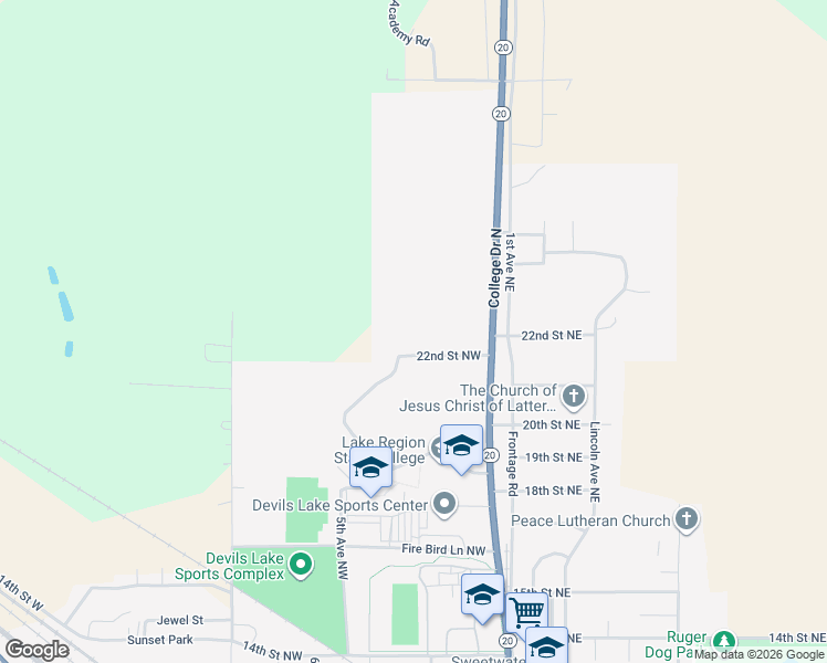 map of restaurants, bars, coffee shops, grocery stores, and more near 211 22nd Street Northwest in Devils Lake