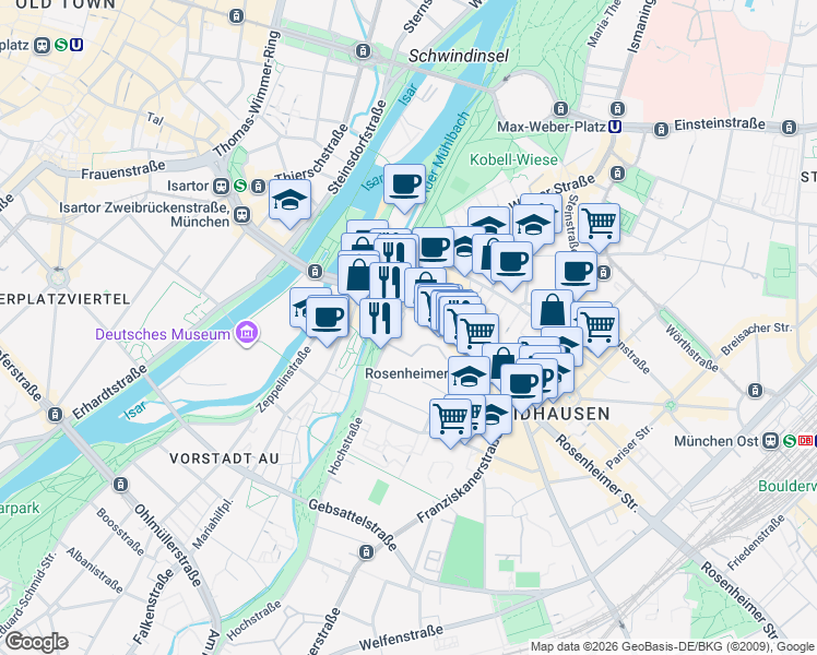 map of restaurants, bars, coffee shops, grocery stores, and more near 3 Hochstraße in München