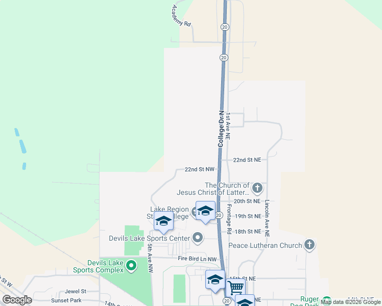 map of restaurants, bars, coffee shops, grocery stores, and more near 211 22nd Street Northwest in Devils Lake