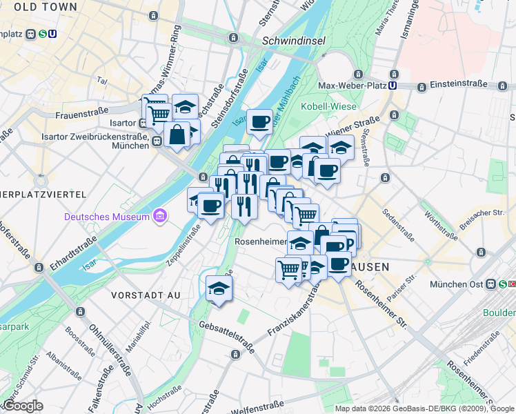 map of restaurants, bars, coffee shops, grocery stores, and more near 3 Hochstraße in München