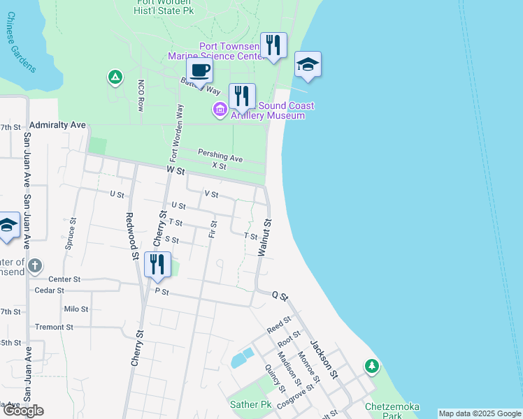 map of restaurants, bars, coffee shops, grocery stores, and more near 309 V Street in Port Townsend