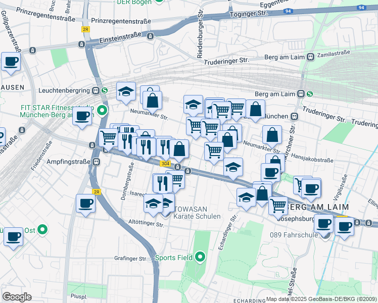map of restaurants, bars, coffee shops, grocery stores, and more near 28 Weihenstephaner Straße in München