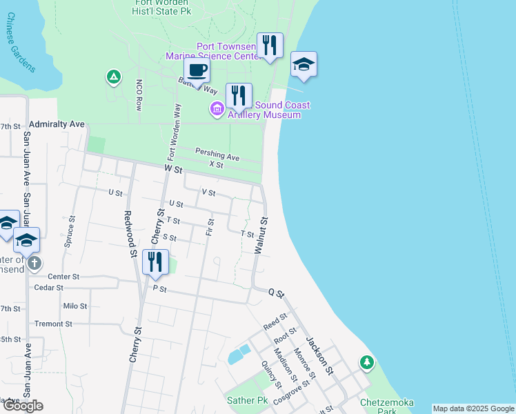 map of restaurants, bars, coffee shops, grocery stores, and more near 309 V Street in Port Townsend