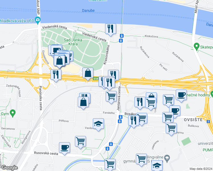 map of restaurants, bars, coffee shops, grocery stores, and more near Einsteinova in Bratislava