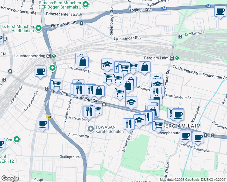 map of restaurants, bars, coffee shops, grocery stores, and more near 2 Levelingstraße in München