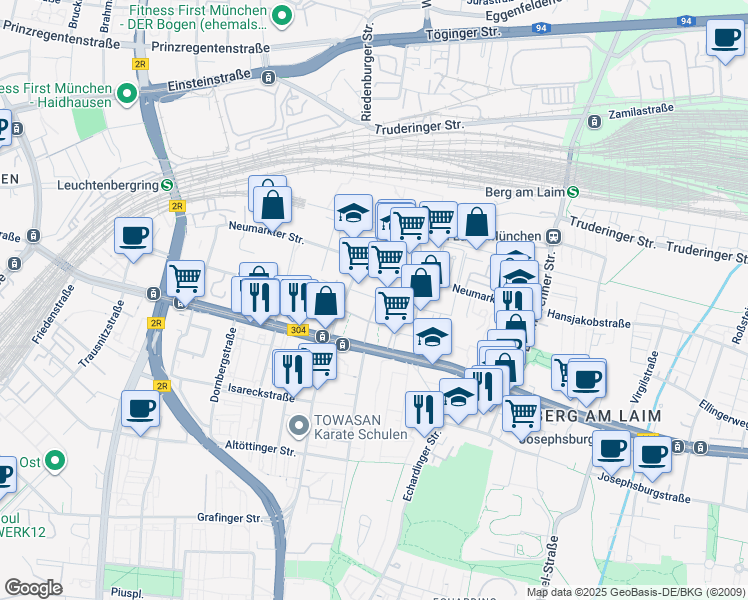 map of restaurants, bars, coffee shops, grocery stores, and more near 2 Levelingstraße in München