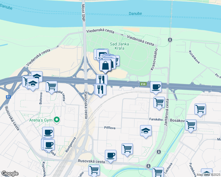map of restaurants, bars, coffee shops, grocery stores, and more near 19 Einsteinova in Bratislava