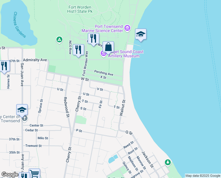 map of restaurants, bars, coffee shops, grocery stores, and more near 423 W Street in Port Townsend
