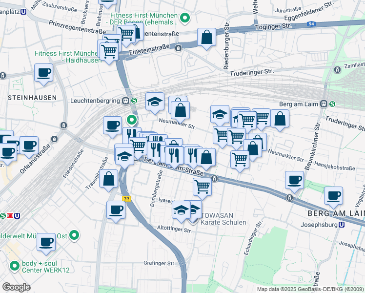 map of restaurants, bars, coffee shops, grocery stores, and more near 25 Streitfeldstraße in München