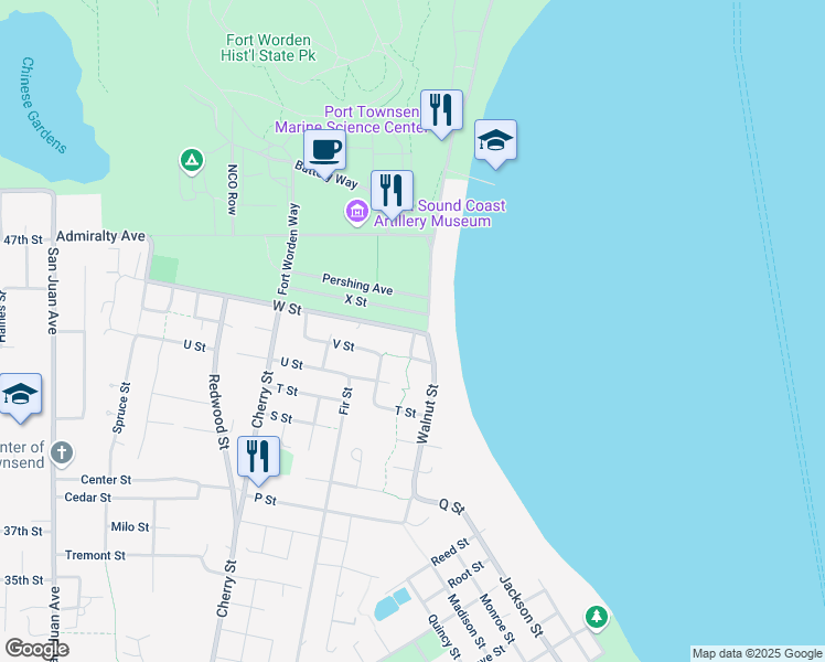 map of restaurants, bars, coffee shops, grocery stores, and more near 423 W St in Port Townsend