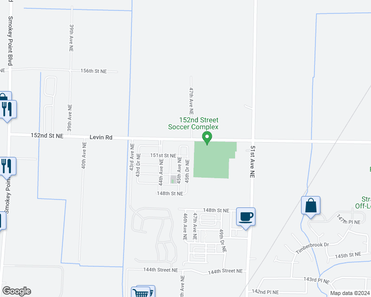 map of restaurants, bars, coffee shops, grocery stores, and more near 15112 45th Drive Northeast in Marysville