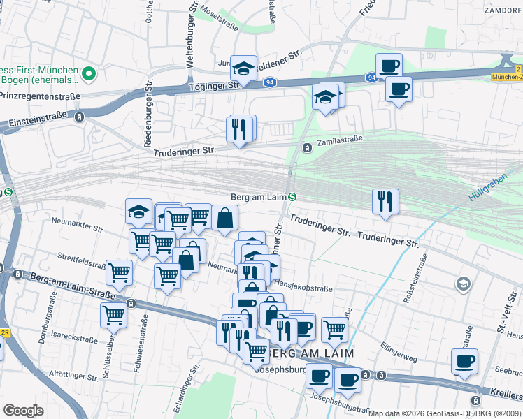 map of restaurants, bars, coffee shops, grocery stores, and more near 71 Hermann-Weinhauser-Straße in München
