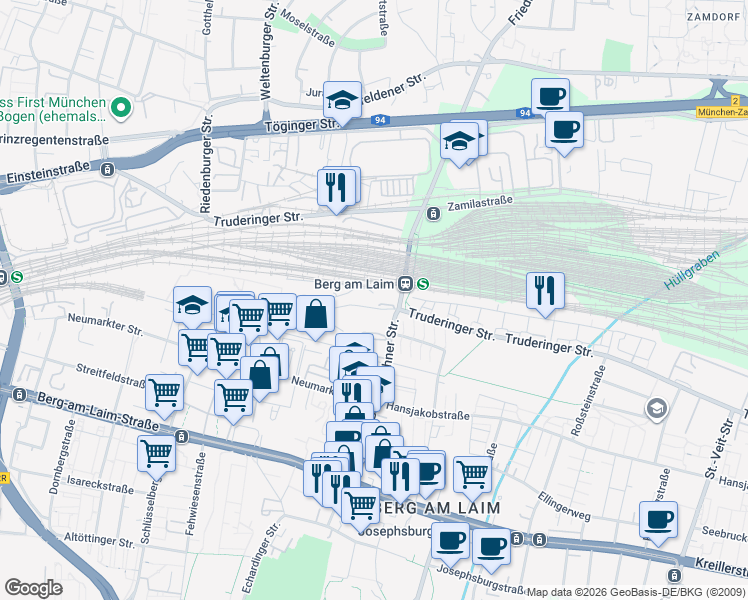map of restaurants, bars, coffee shops, grocery stores, and more near 71 Hermann-Weinhauser-Straße in München