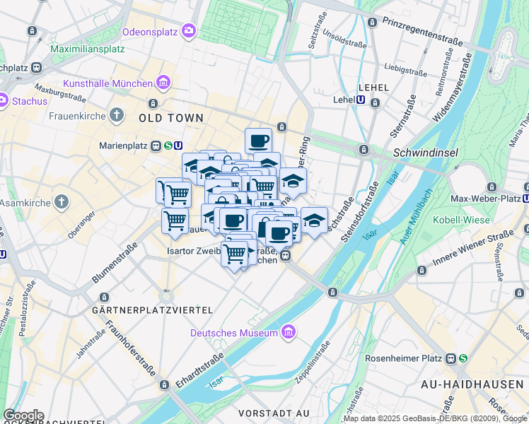 map of restaurants, bars, coffee shops, grocery stores, and more near in Munich