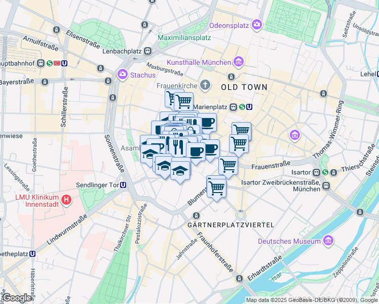 map of restaurants, bars, coffee shops, grocery stores, and more near 16 Oberanger in München