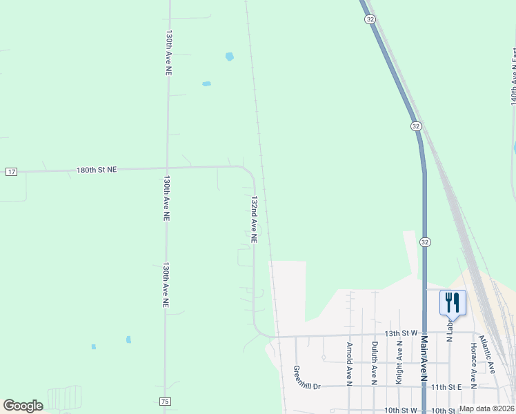 map of restaurants, bars, coffee shops, grocery stores, and more near 17888 132nd Ave NE in Thief River Falls