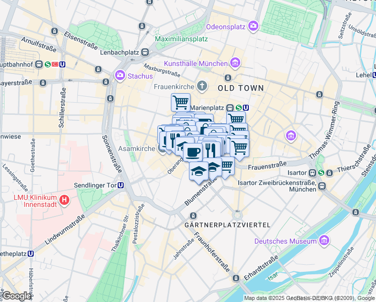 map of restaurants, bars, coffee shops, grocery stores, and more near 16 Oberanger in München