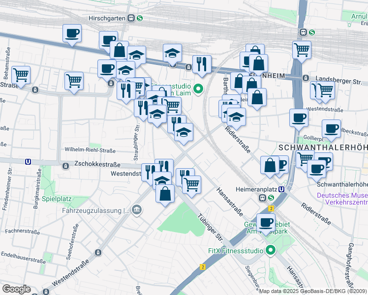 map of restaurants, bars, coffee shops, grocery stores, and more near 61 Elsenheimerstraße in München