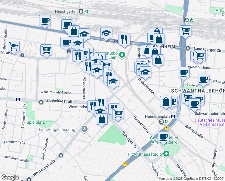map of restaurants, bars, coffee shops, grocery stores, and more near 61 Elsenheimerstraße in München