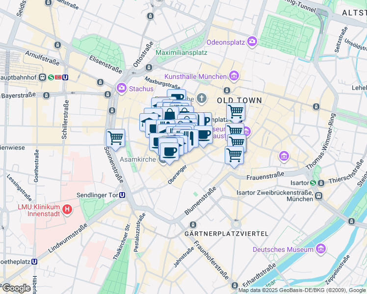 map of restaurants, bars, coffee shops, grocery stores, and more near 10 Sendlinger Straße in München