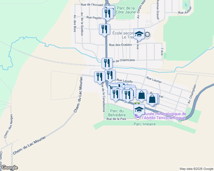 map of restaurants, bars, coffee shops, grocery stores, and more near 1261 Rue Royale in Malartic