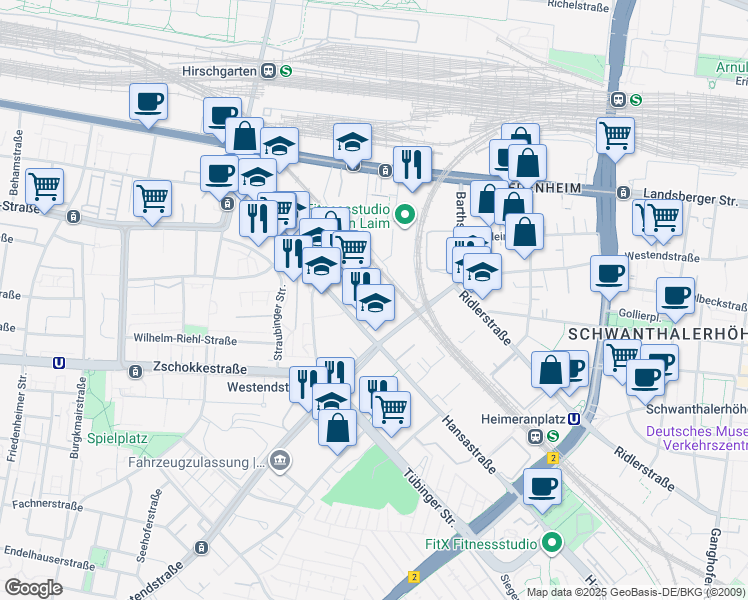 map of restaurants, bars, coffee shops, grocery stores, and more near 65 Elsenheimerstraße in München