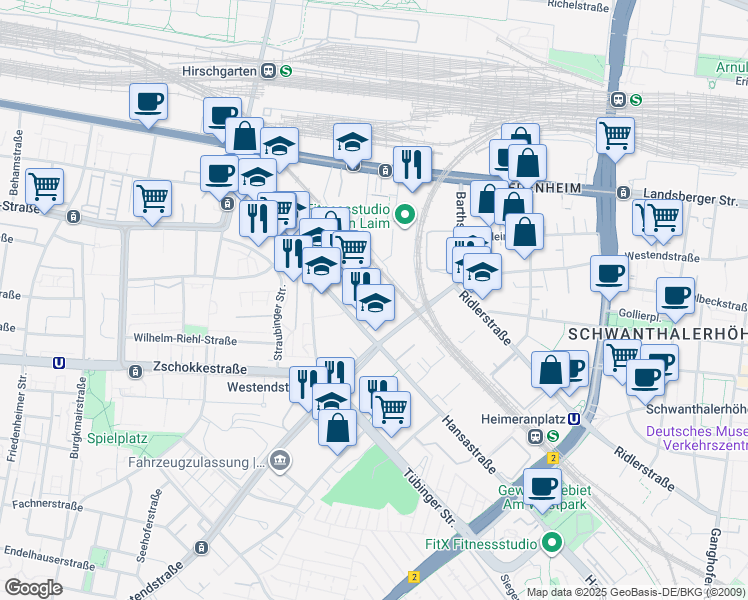 map of restaurants, bars, coffee shops, grocery stores, and more near 65 Elsenheimerstraße in München