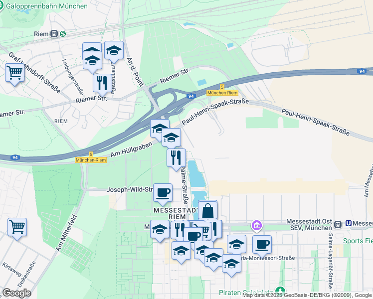 map of restaurants, bars, coffee shops, grocery stores, and more near 9 Olof-Palme-Straße in München