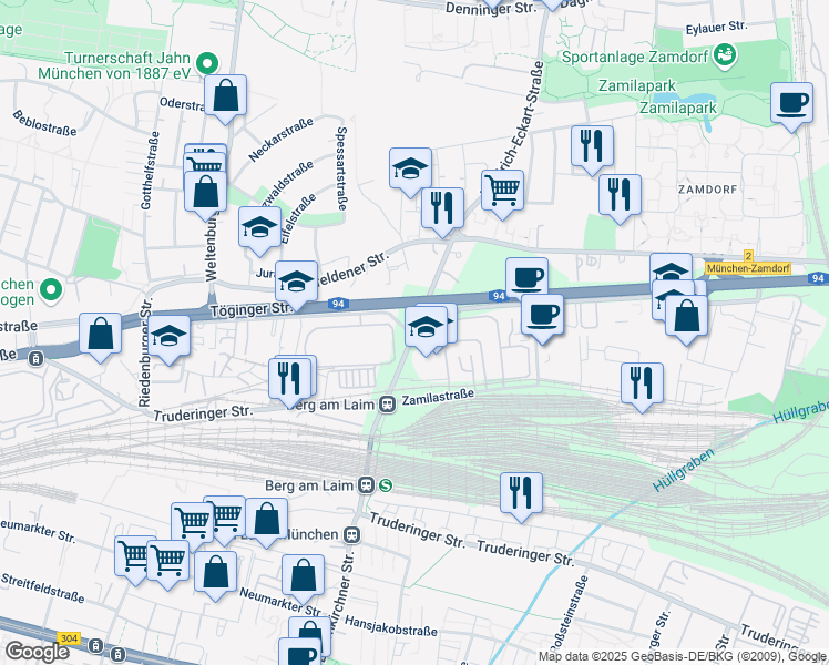 map of restaurants, bars, coffee shops, grocery stores, and more near Hultschiner Straße in München