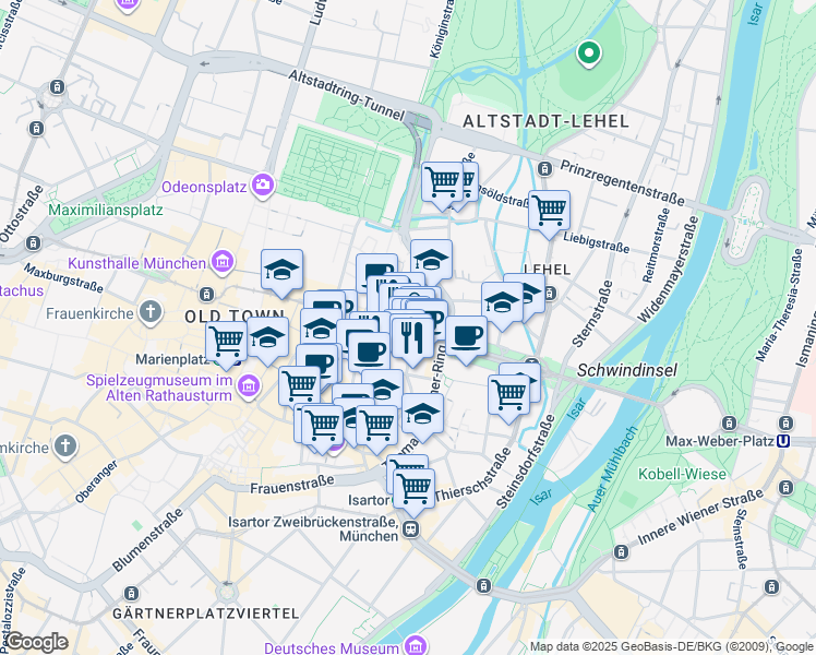 map of restaurants, bars, coffee shops, grocery stores, and more near 27 Maximilianstraße in München