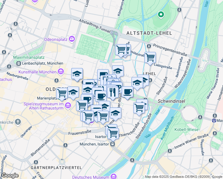 map of restaurants, bars, coffee shops, grocery stores, and more near 27 Maximilianstraße in München