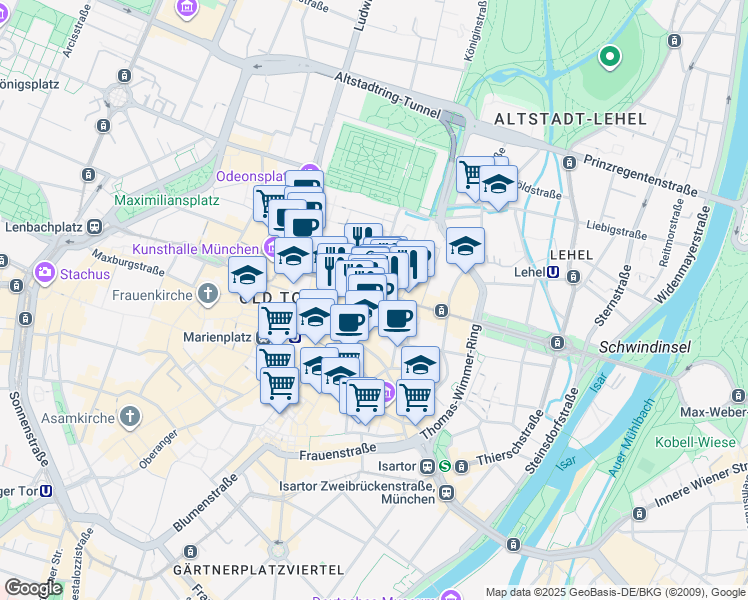 map of restaurants, bars, coffee shops, grocery stores, and more near 12-14 Maximilianstraße in München