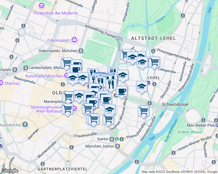 map of restaurants, bars, coffee shops, grocery stores, and more near 17 Maximilianstraße in München