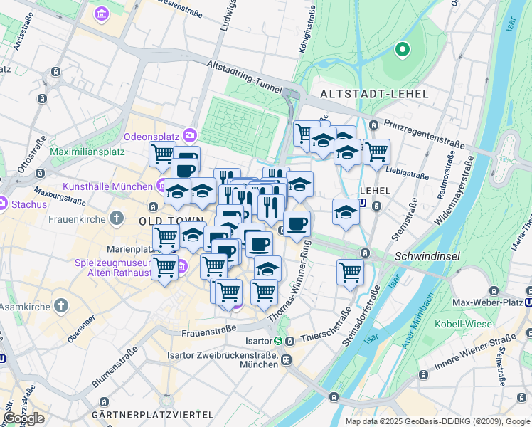 map of restaurants, bars, coffee shops, grocery stores, and more near 17 Maximilianstraße in München
