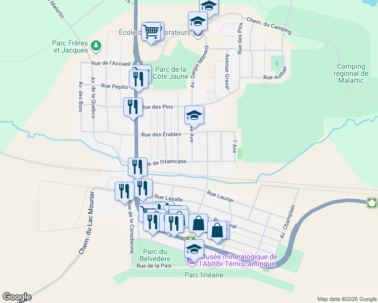 map of restaurants, bars, coffee shops, grocery stores, and more near 441 Avenue 4e in Malartic