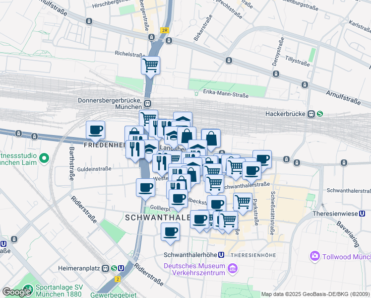 map of restaurants, bars, coffee shops, grocery stores, and more near 88 Landsberger Straße in München