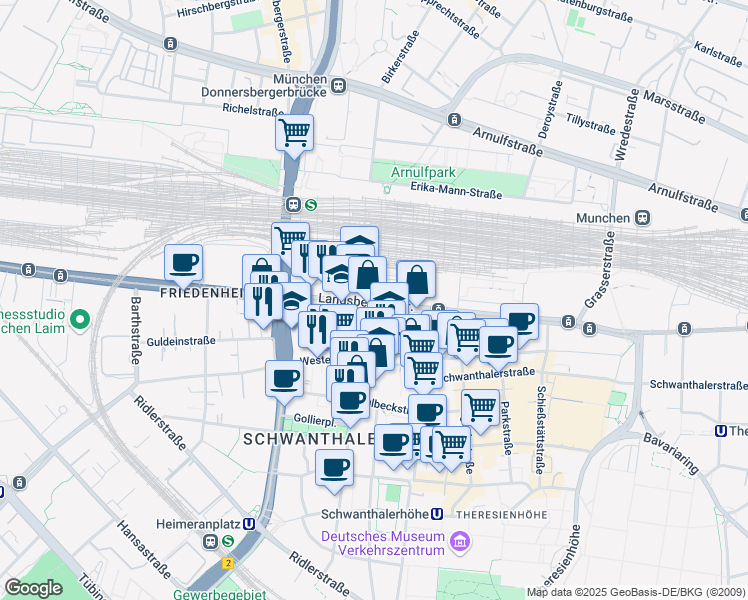 map of restaurants, bars, coffee shops, grocery stores, and more near 88 Landsberger Straße in München