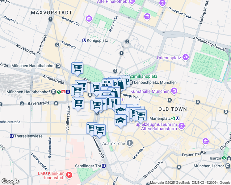 map of restaurants, bars, coffee shops, grocery stores, and more near 8 Lenbachplatz in München