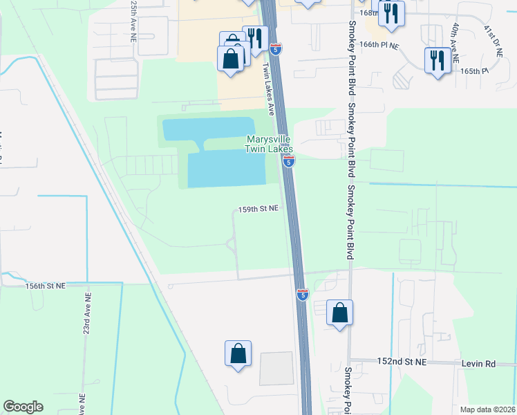 map of restaurants, bars, coffee shops, grocery stores, and more near 2502 159th Street Northeast in Marysville